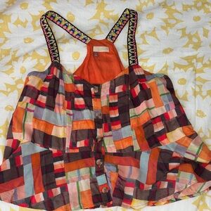 Pilcro Multicolor Patchwork Cotton Tank Top with Embroidered Straps